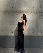 Elegante vestido de fiesta negro con corte entallado, vestido de noche negro Y4583