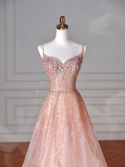 Vestido de fiesta de tul rosa brillante con lentejuelas y cuentas, tirantes finos, corte en A, Y8619