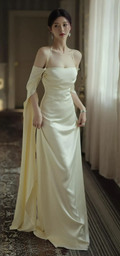 Sexy rückenfreies langes Ballkleid aus weißem Satin mit langen Ärmeln Abendkleid Y2080