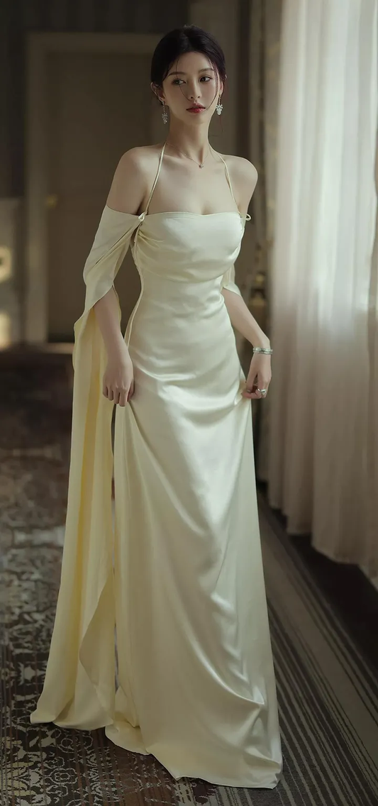 Sexy rückenfreies langes Ballkleid aus weißem Satin mit langen Ärmeln Abendkleid Y2080