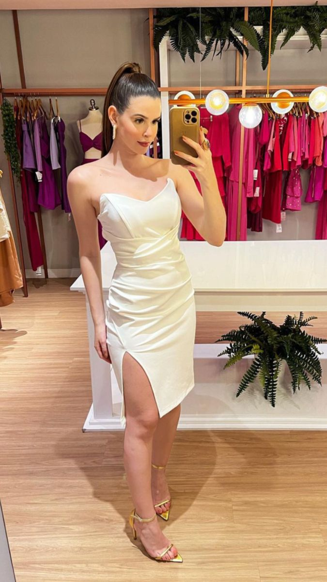Weißes trägerloses Partykleid mit Beinschlitz, weißes Homecoming-Kleid Y4843