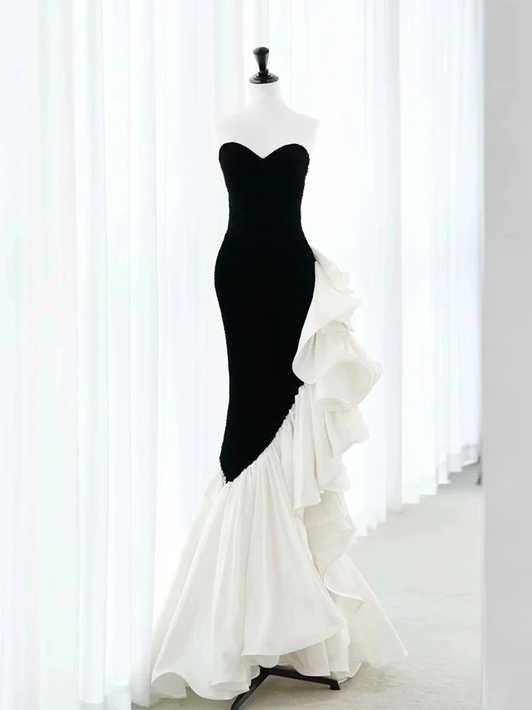 Elegante vestido de fiesta largo de terciopelo negro con corte sirena y plisado, vestido de noche Y8048