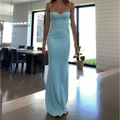 Elegante vestido de noche de satén azul con tirantes finos Y8232