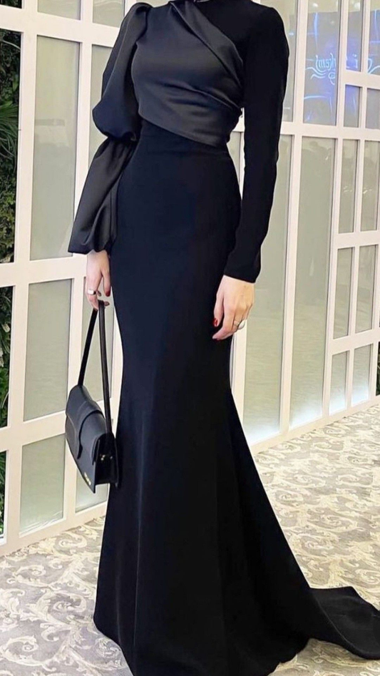 Schickes schwarzes Meerjungfrau-Ballkleid, schwarzes Abendkleid mit langen Ärmeln Y2079