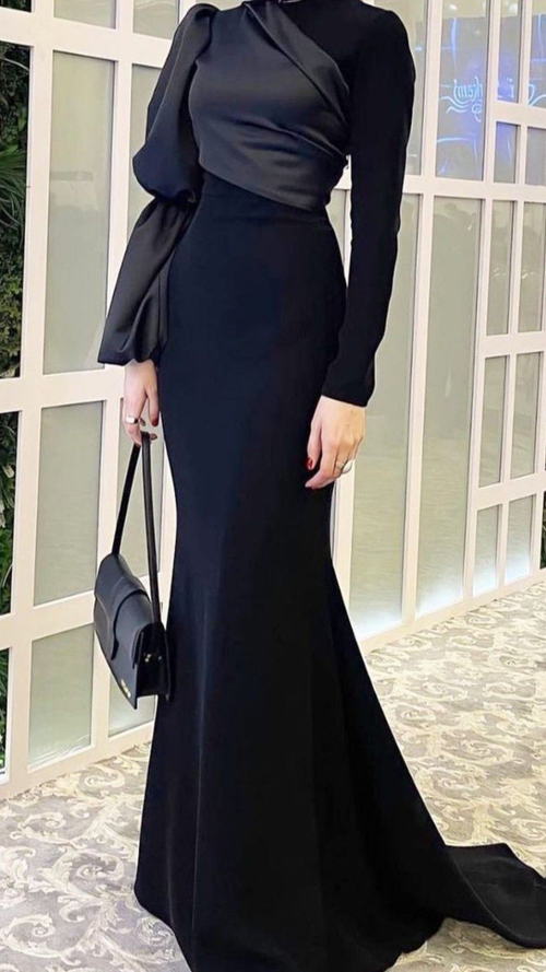 Elegante vestido de fiesta largo de sirena negro, vestido de noche negro con mangas largas Y2079