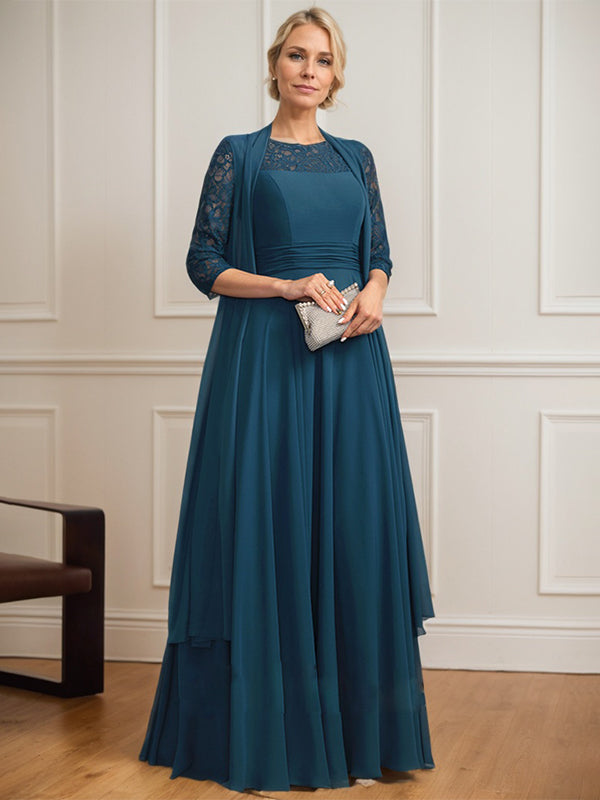 Vestido de gasa de encaje con ilusión de corte A hasta el suelo para madre de la novia con pliegues
