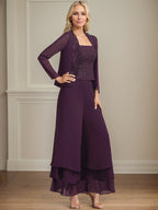 Vestido de madre de la novia de gasa con encaje y lentejuelas, largo hasta los tobillos, con mono/pantalón separado