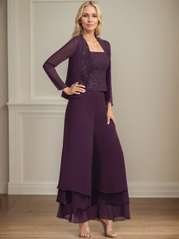 Separates Jumpsuit/Hosenanzug Quadratisches Knöchellanges Spitzenchiffonkleid für die Brautmutter mit Pailletten 