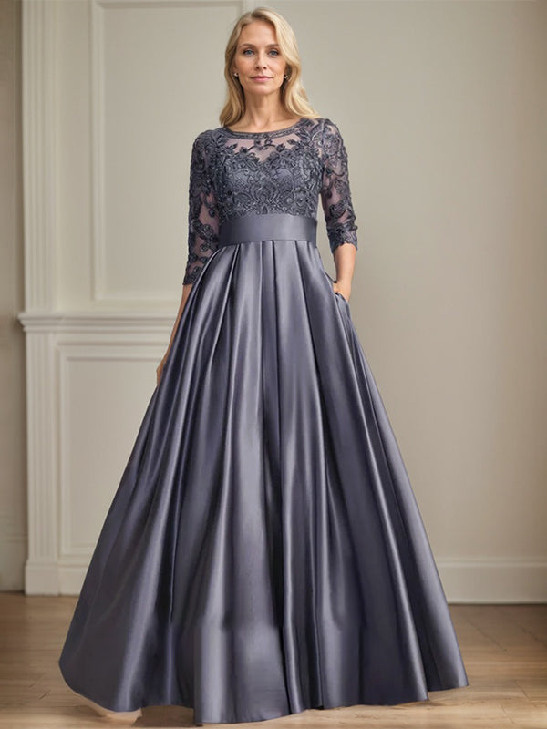 Vestido de madre de la novia de satén con encaje, corte A, escote ilusión, largo hasta el suelo, con lazo de lentejuelas