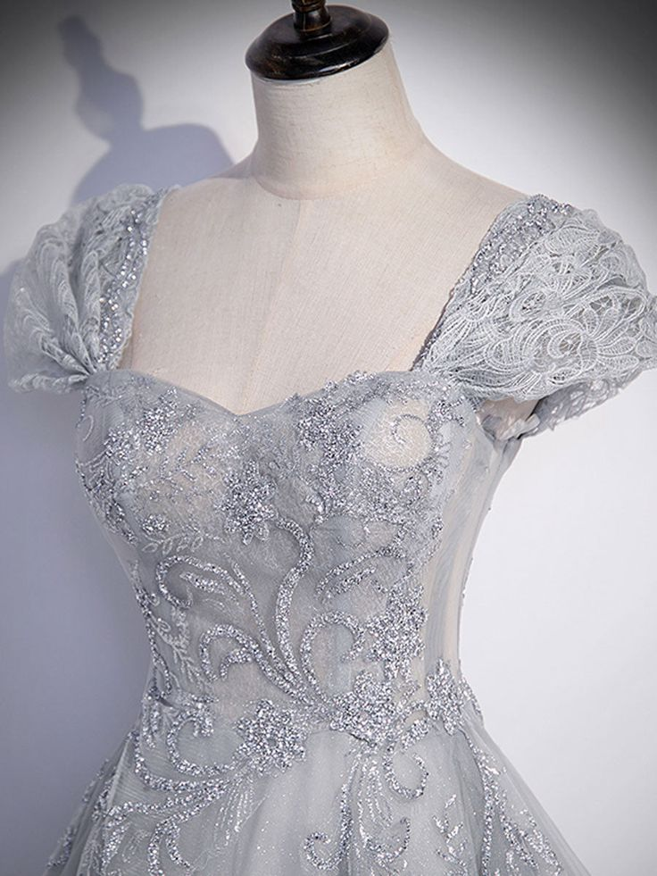 A-Linie Grau Tüll Pailletten Langes Ballkleid Grau Formales Abendkleid Y4733