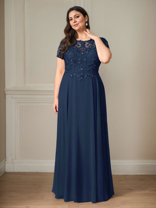 Vestido de gasa azul marino oscuro con escote barco, lentejuelas y corte en A