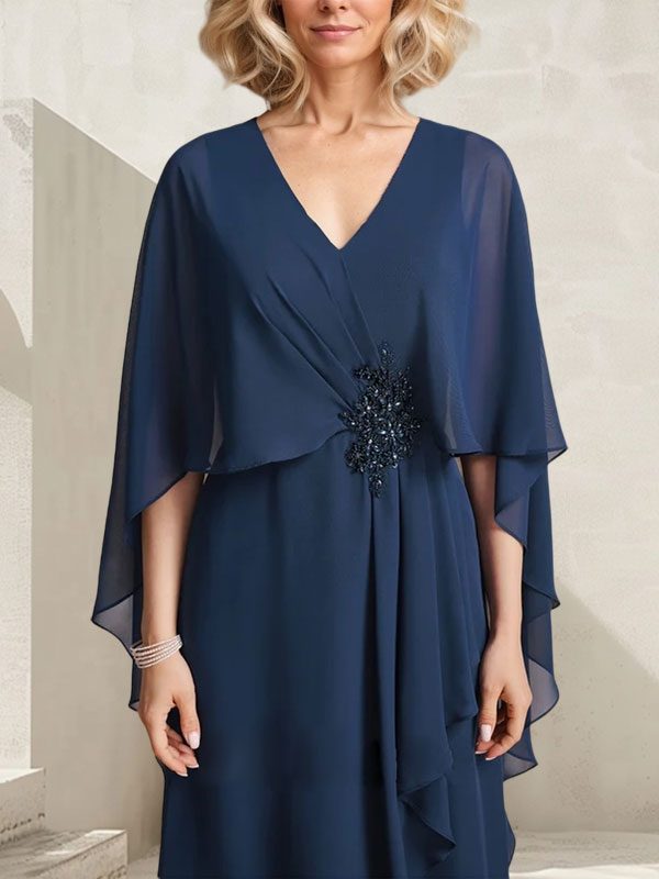Vestido de gasa para madre de la novia con escote en V, corte A y largo hasta el suelo, con volantes en cascada y cuentas