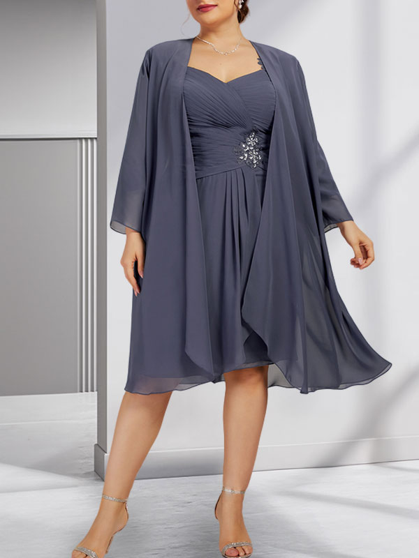 Vestido de gasa para madre de la novia con escote corazón, largo hasta la rodilla, con apliques de cuentas, encaje y lentejuelas plisado.