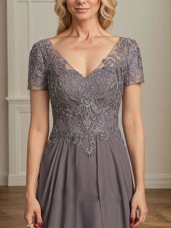 Vestido de gasa con encaje y escote en V hasta el suelo para madre de la novia