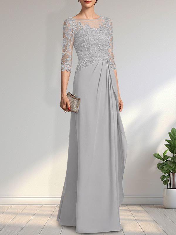Vestido de gasa para madre de la novia con encaje, corte A, escote redondo, ilusión, largo hasta el suelo, con lentejuelas y abalorios y volantes en cascada