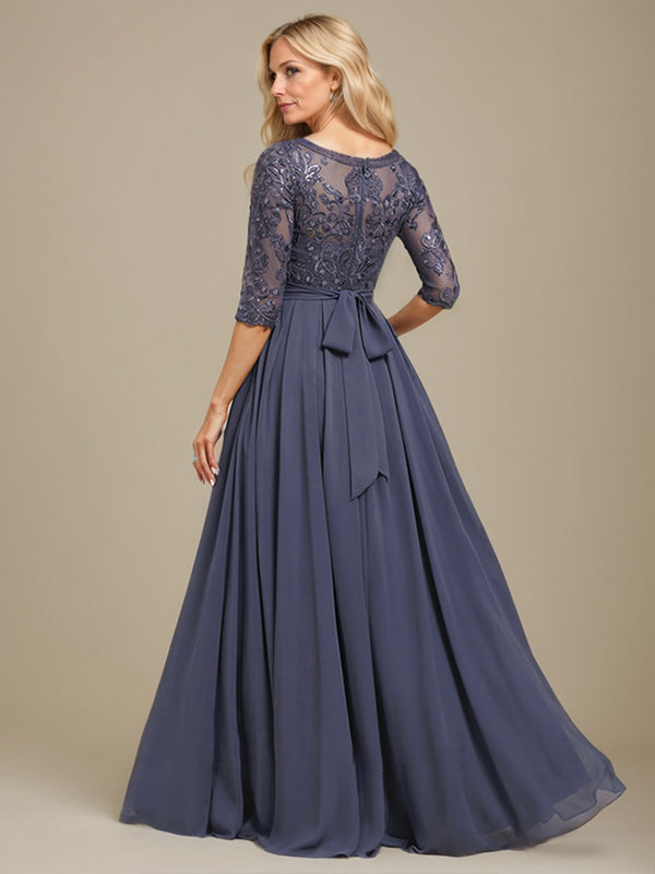 Vestido de madre de la novia de gasa con encaje, corte A, largo hasta el suelo y apliques de lentejuelas