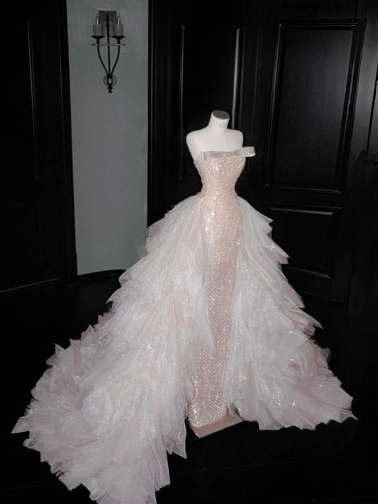 Hermoso vestido de noche largo con tul color champán, lentejuelas y cuentas, vestido de fiesta Y8658