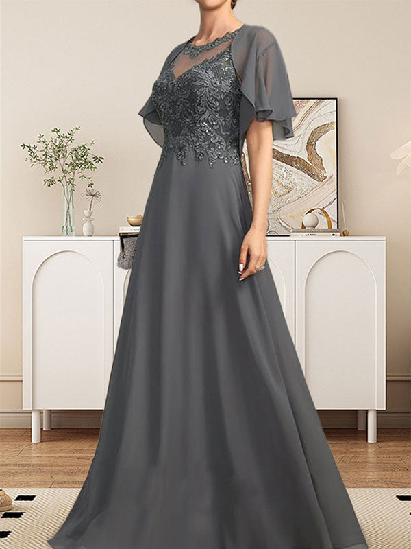 Vestido de gasa con encaje y lentejuelas para madre de la novia, corte A, escote ilusión, largo hasta el suelo