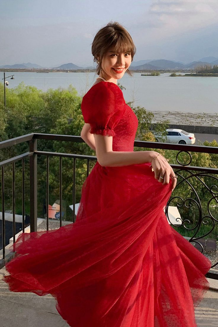Hübsches rotes Tüll-A-Linien-Ballkleid, langes Abendkleid Y7771