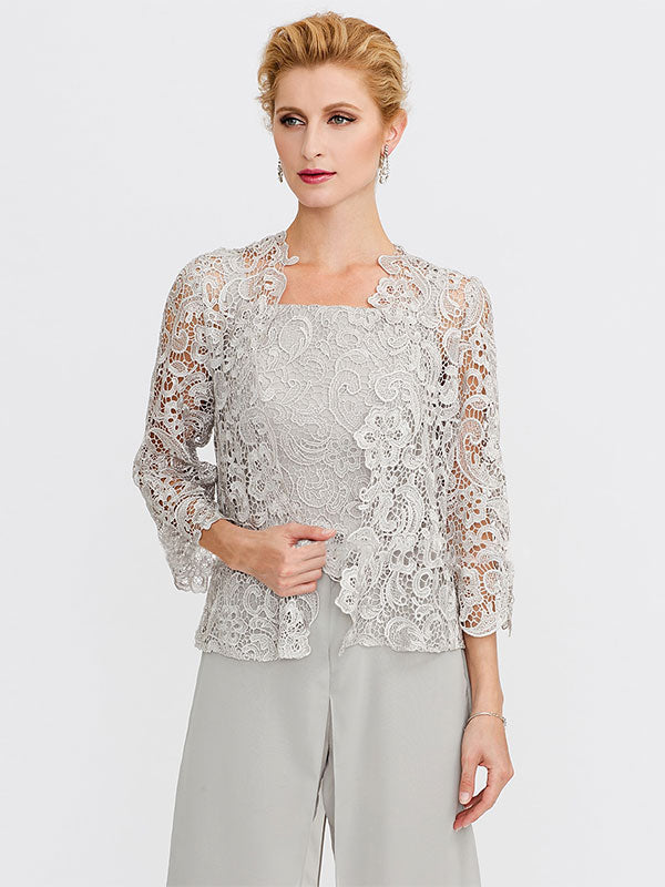 3-teiliger Chiffon-Hosenanzug mit quadratischem Ausschnitt und Jacke für die Mutter der Braut 