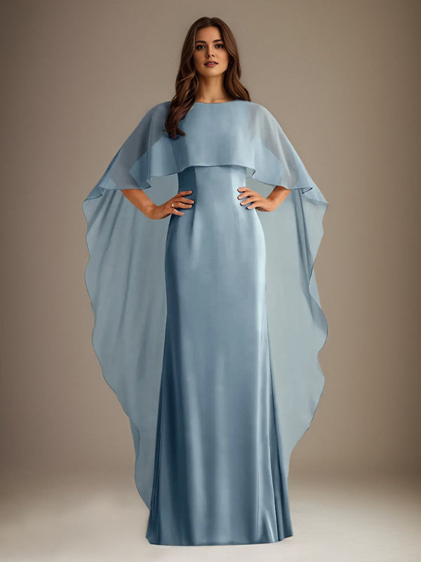 Vestido de gasa para madre de la novia, largo hasta el suelo, con escote barco y corte tubo/columna y volantes en cascada