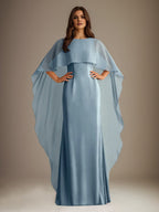 Vestido de gasa para madre de la novia, largo hasta el suelo, con escote barco y corte tubo/columna y volantes en cascada