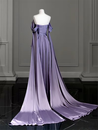Schlichtes langes Ballkleid aus lila Satin, lila Abendkleid Y2589