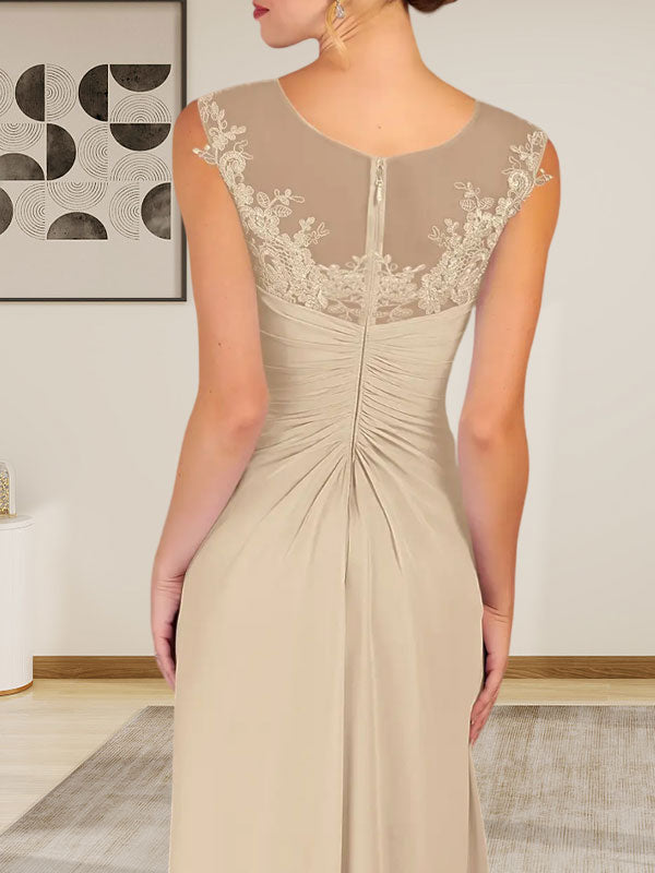 Vestido de gasa con encaje y escote redondo en forma de A color champán