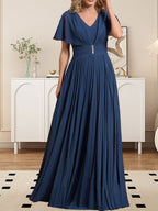 Vestido de gasa para madre de la novia, corte A, escote en V, largo hasta el suelo, con broche de cristal y plisado