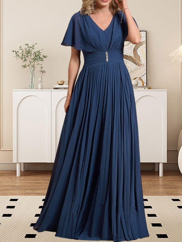 Vestido de gasa para madre de la novia, corte A, escote en V, largo hasta el suelo, con broche de cristal y plisado