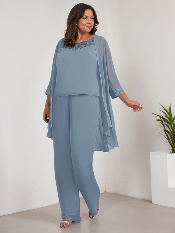 Trajes de gasa con mangas largas y escote redondo para madre de la novia con chaqueta