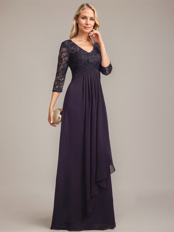 A-Linie V-Ausschnitt Bodenlanges Spitzen-Chiffon-Kleid für die Brautmutter mit kaskadierenden Rüschen und Pailletten 