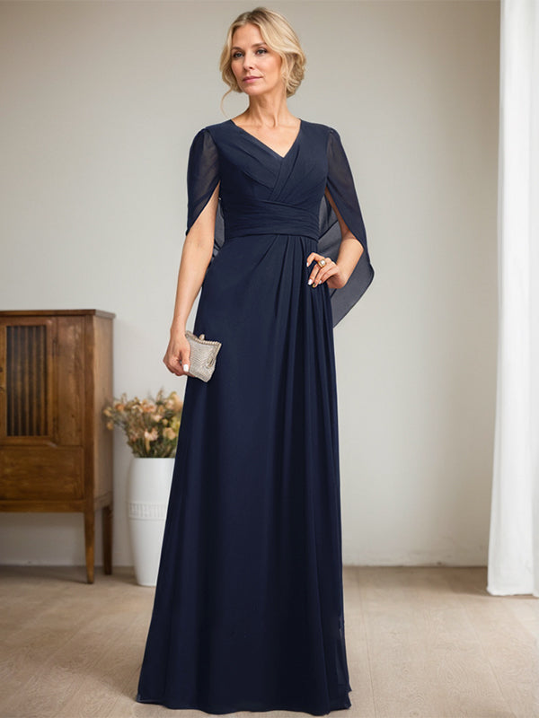 Vestido largo azul marino oscuro con escote en V y corte A para madre de la novia
