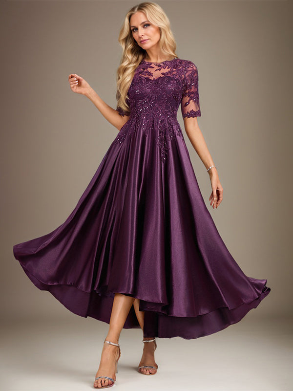 Vestido de madre de la novia de encaje satinado elástico asimétrico con ilusión de escote redondo y lentejuelas