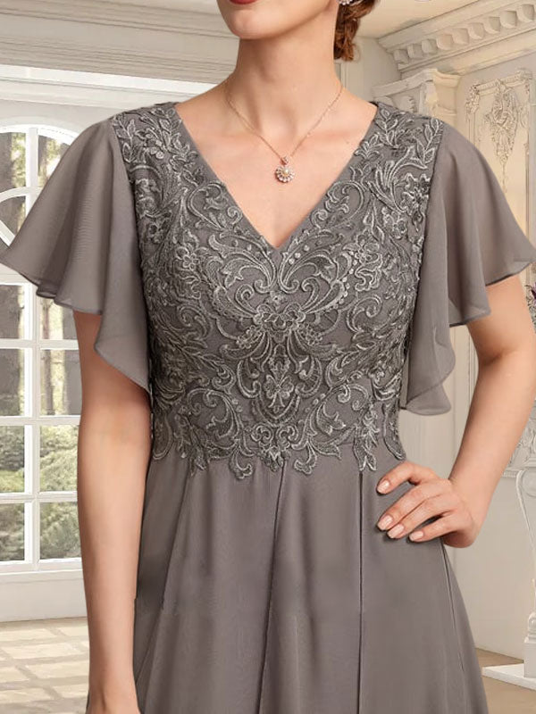 Vestido de gasa con encaje y escote en V hasta los tobillos para madre de la novia con volantes en cascada