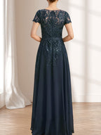 Vestido de madre de la novia de gasa con encaje, escote redondo, ilusión, largo hasta el suelo, con lentejuelas