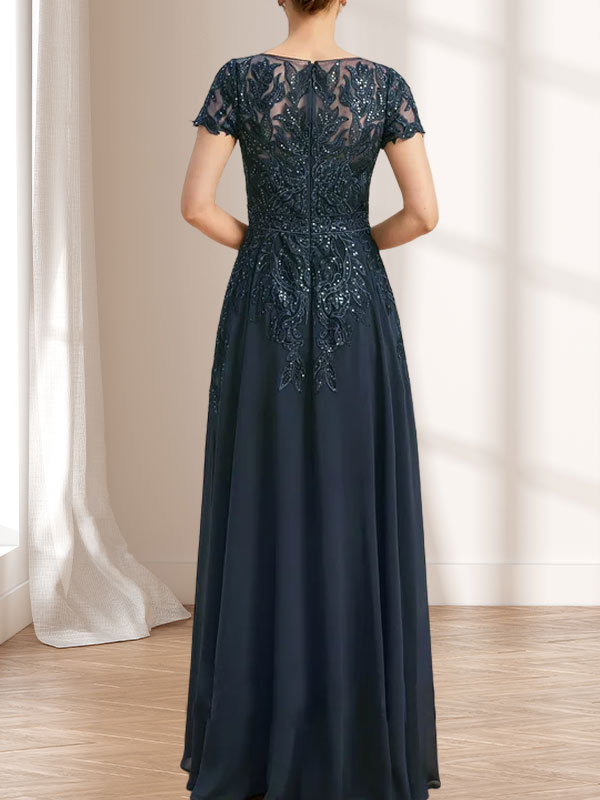 Vestido de madre de la novia de gasa con encaje, escote redondo, ilusión, largo hasta el suelo, con lentejuelas