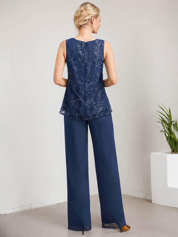 Vestido de madre de la novia de gasa con encaje, largo hasta el suelo, con lentejuelas y mono/pantalón separado