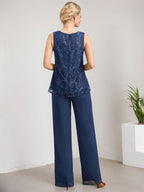 Vestido de madre de la novia de gasa con encaje, largo hasta el suelo, con lentejuelas y mono/pantalón separado