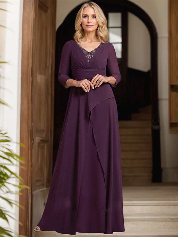 Vestido de gasa para madre de la novia con escote en V, largo hasta el suelo, con pliegues y cuentas
