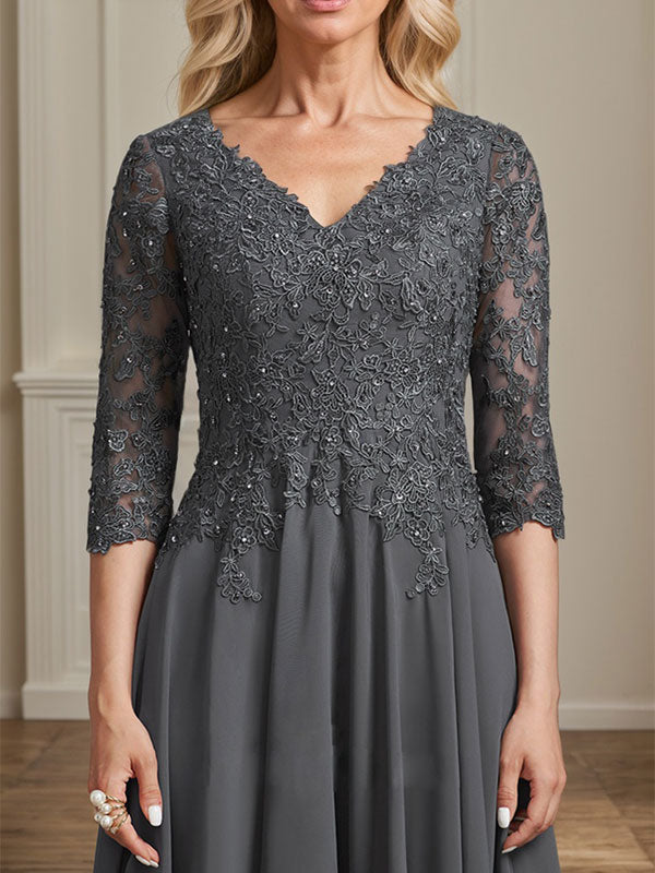 A-Linie V-Ausschnitt Wadenlanges Chiffon-Spitzenkleid für die Brautmutter mit Perlen und Pailletten 