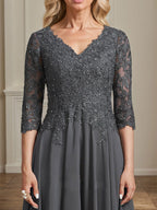 A-Linie V-Ausschnitt Wadenlanges Chiffon-Spitzenkleid für die Brautmutter mit Perlen und Pailletten 