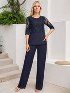 Jumpsuit/Pantsuit Separates Scoop Floor-Length Chiffon Lace Mother of the Bride Dress With Sequins