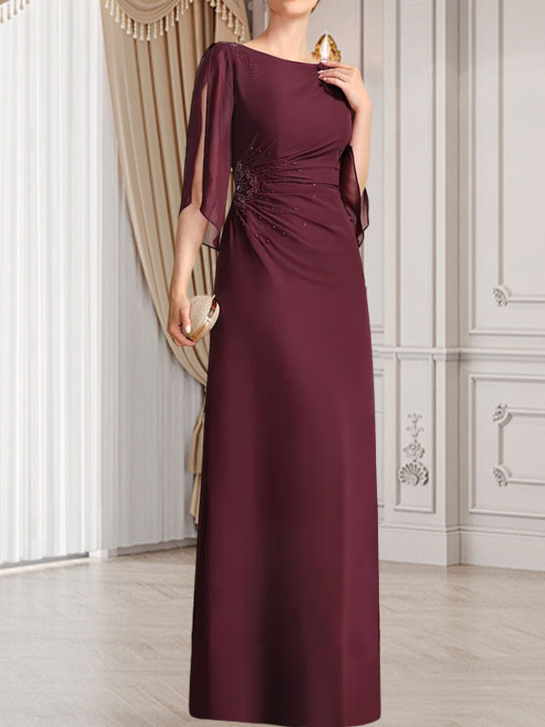 Vestido de gasa para madre de la novia con corte tubo/columna, escote redondo y largo hasta el suelo, con cuentas plisadas