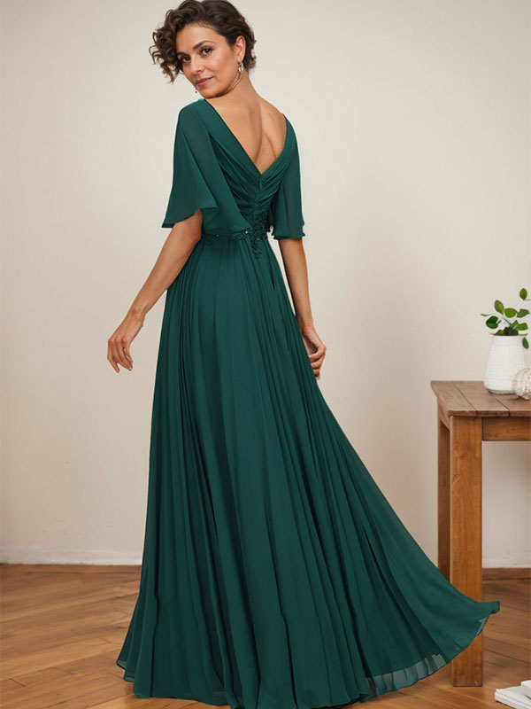 Vestido de gasa para madre de la novia, corte A, escote en V, largo hasta el suelo, con apliques de lentejuelas y encaje plisado