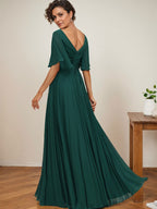 Vestido de gasa para madre de la novia, corte A, escote en V, largo hasta el suelo, con apliques de lentejuelas y encaje plisado