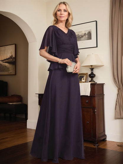 A-Linien-Kleid aus Chiffon mit V-Ausschnitt und bodenlangem Schnitt für die Brautmutter mit plissierten Perlen