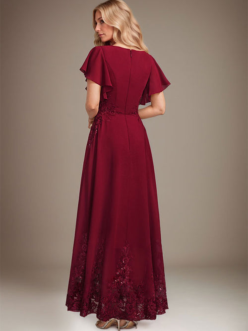 Vestido de gasa con encaje y lentejuelas para madre de la novia, corte A, escote redondo hasta los tobillos