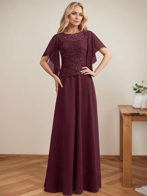 Vestido de gasa con encaje y lentejuelas para madre de la novia, corte A, escote ilusión, largo hasta el suelo