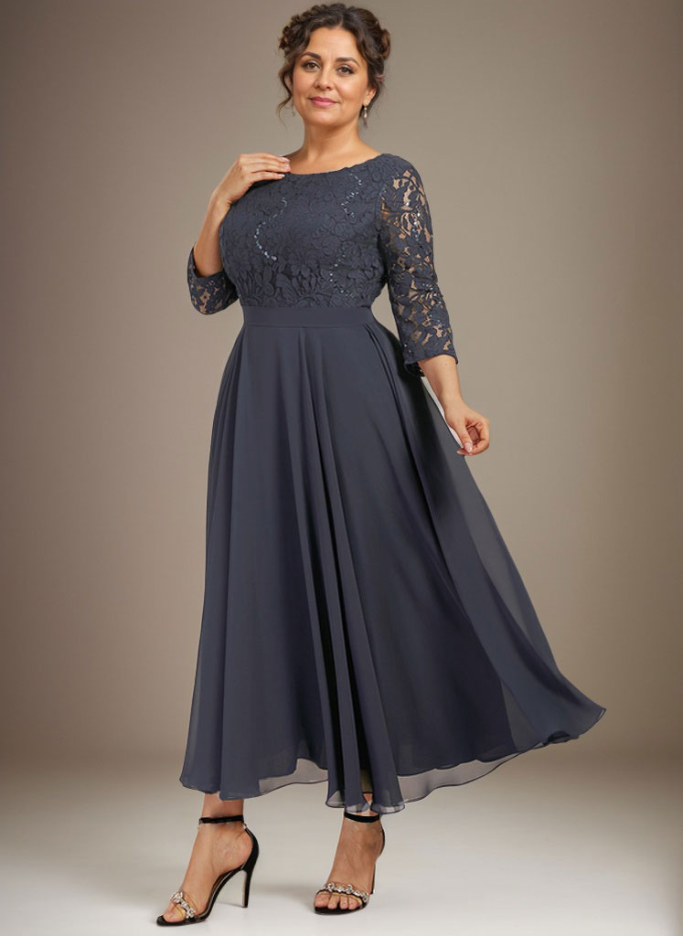 Vestido de gasa con encaje y lentejuelas para madre de la novia, corte A, escote redondo y largo hasta la rodilla